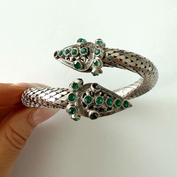 Vintage Silver & Green Gemstone Victorian Revival Coiled Snake Bangle Bracelet - Picture 2 of 5